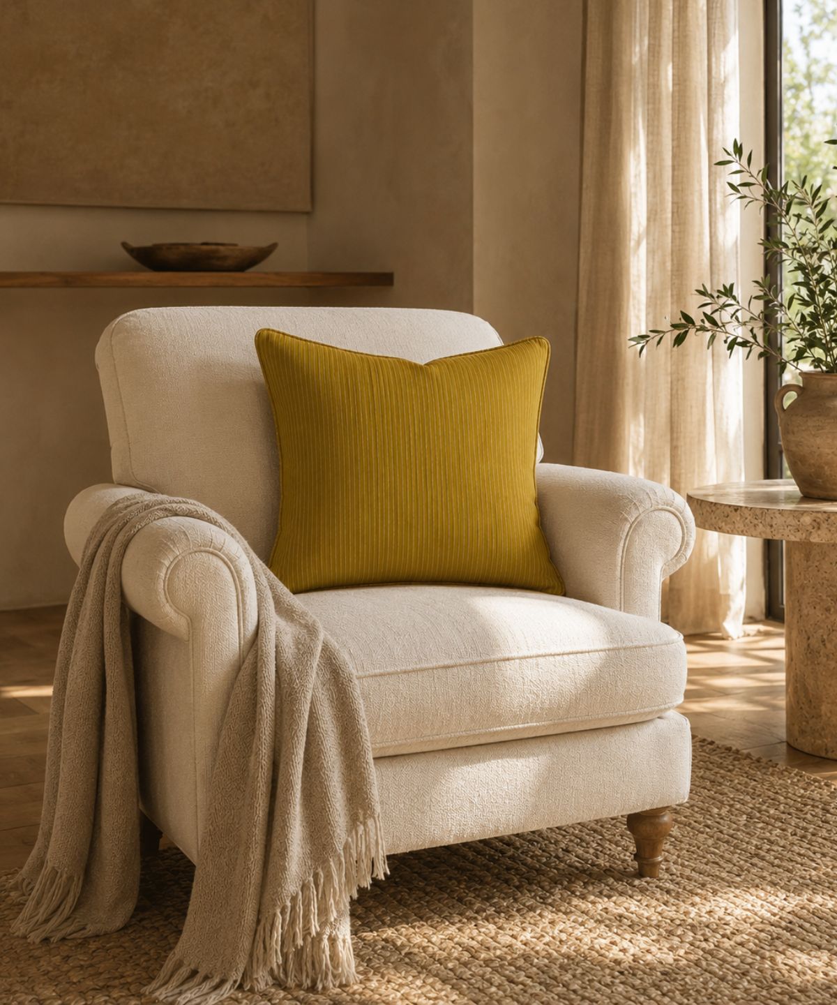 Mèliso — σε cream boucle πολυθρόνα με travertine και ελιά