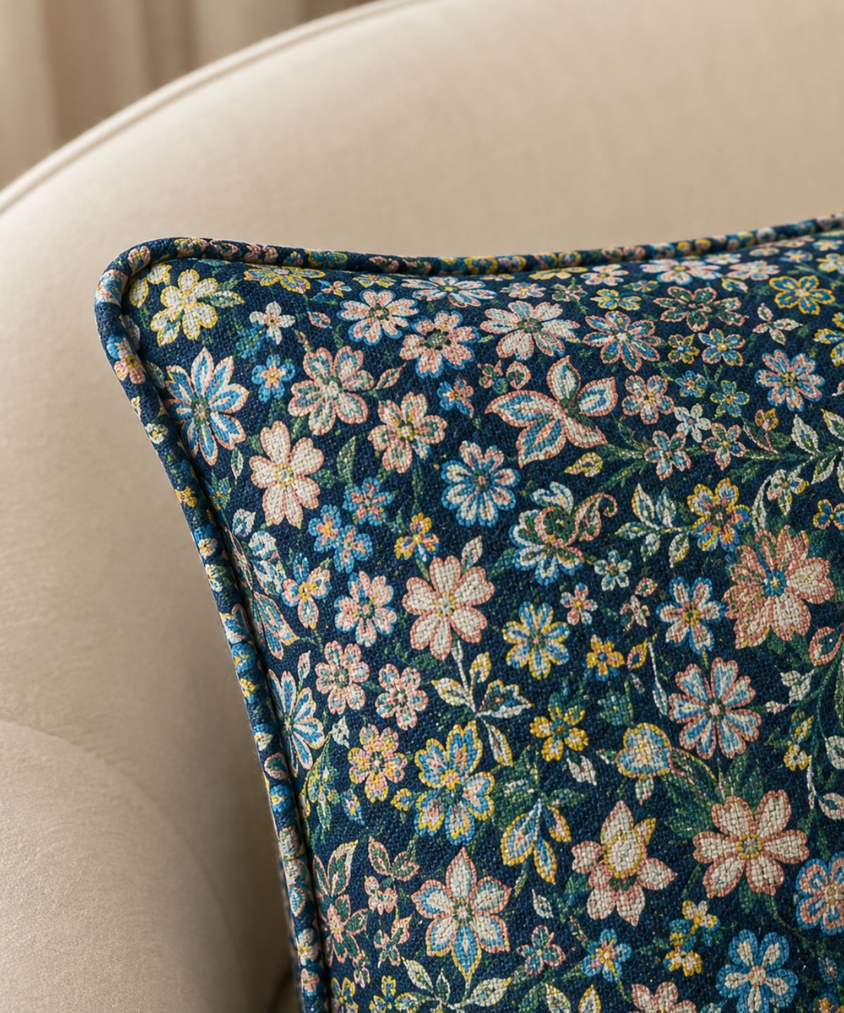 Close-up of Millefiori floral linen cushion fabric