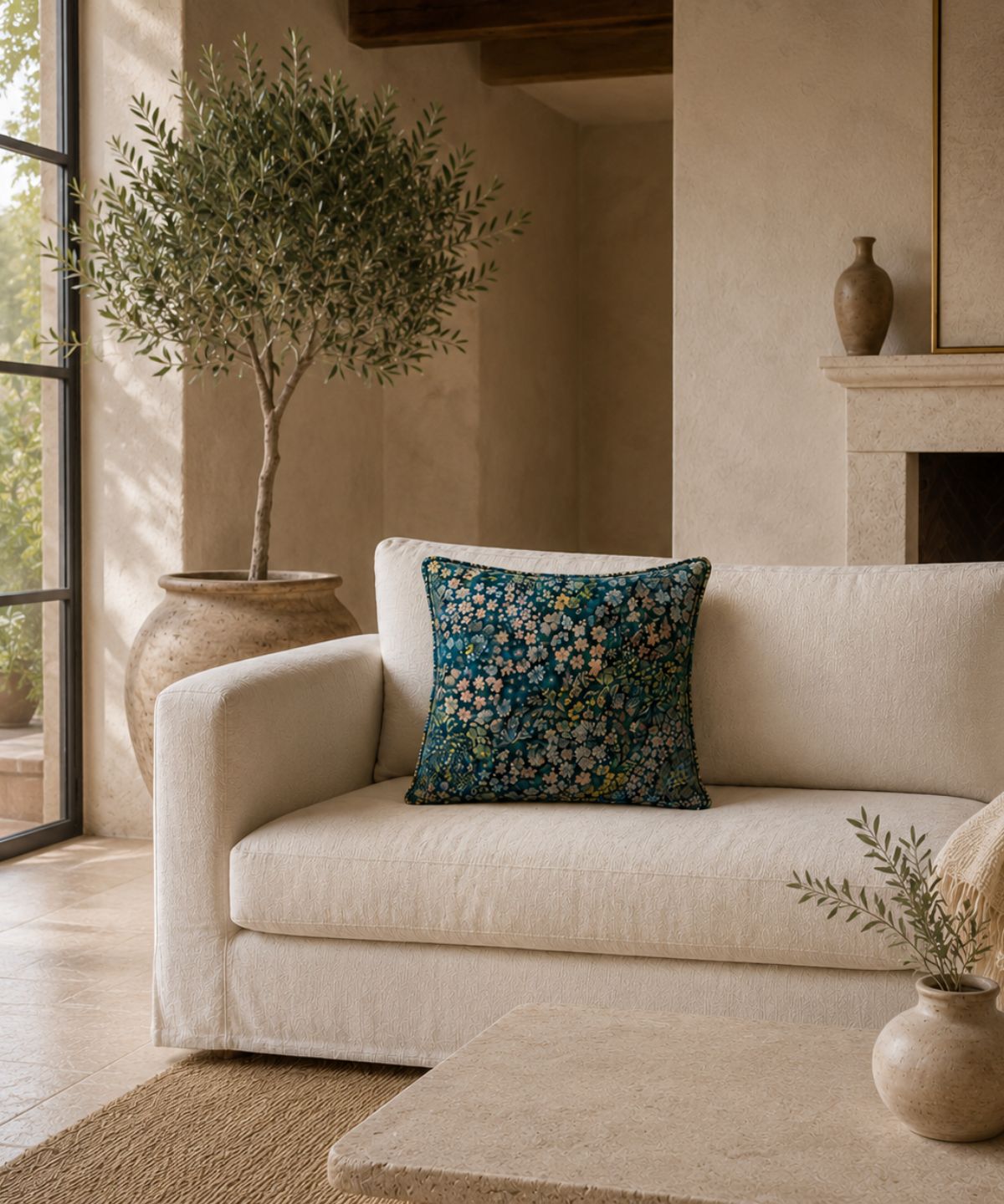 Deep blue floral linen cushion Millefiori lifestyle photo